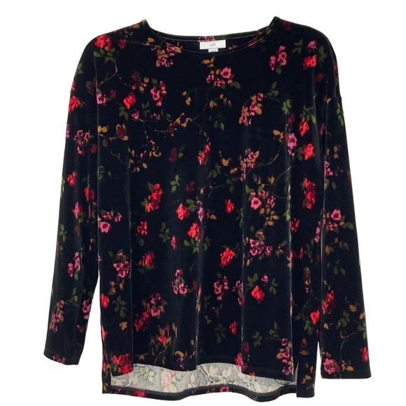J Jill Size XS Velvet Velour Black/Red/Pink/Green Polyester/Spandex Floral Top - Picture 1 of 11
